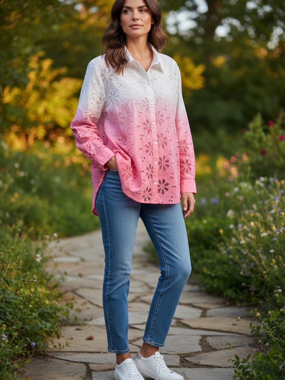 Surf Gypsy Sunset Coral Ombre Eyelet Button Front Shirt NWT Size Medium